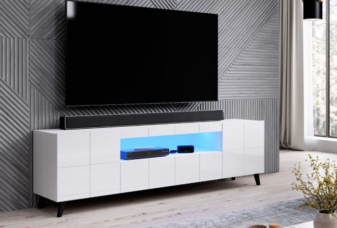 REX - 184 cm TV-bänk i vit högglans/svarta ben