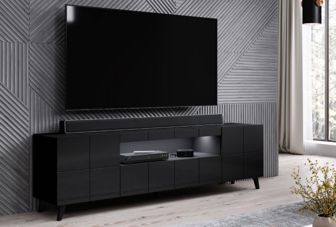 REX - 184 cm TV-bänk i svart högglans/svarta ben