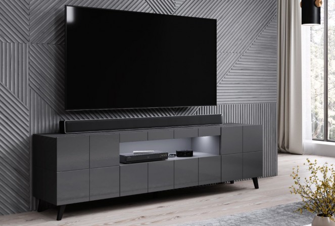 REX - 184 cm TV-bänk i grafitfärgad högglans/svarta ben
