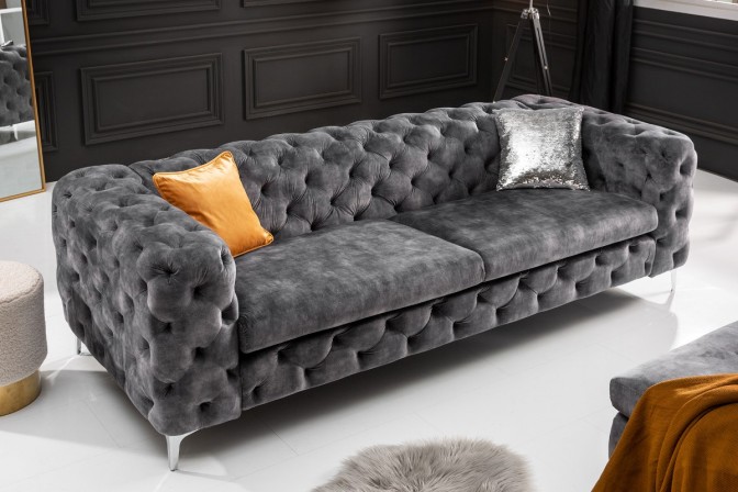 Espelma - Chesterfield 240 cm soffa i mörkgrå sammet