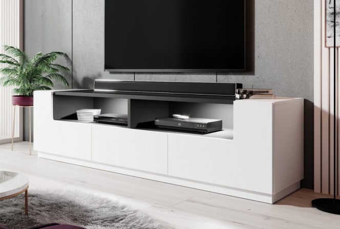 RENZO - 180cm TV-bänk i vitt glans/svart