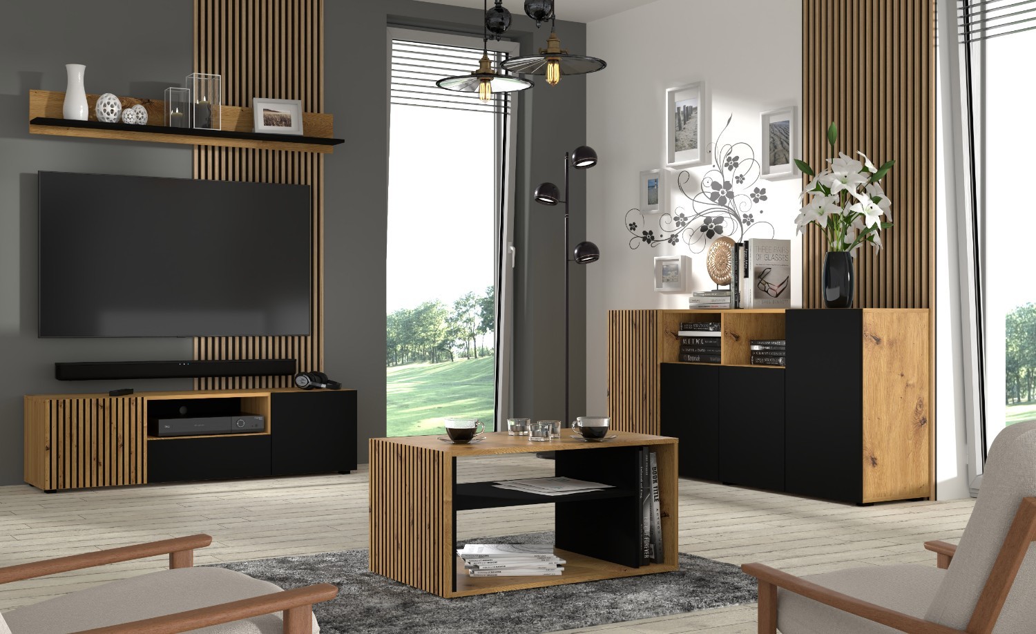 TV BÄNK LIBRE - 150 CM - med ribbor / MATTSVART - LUXi
