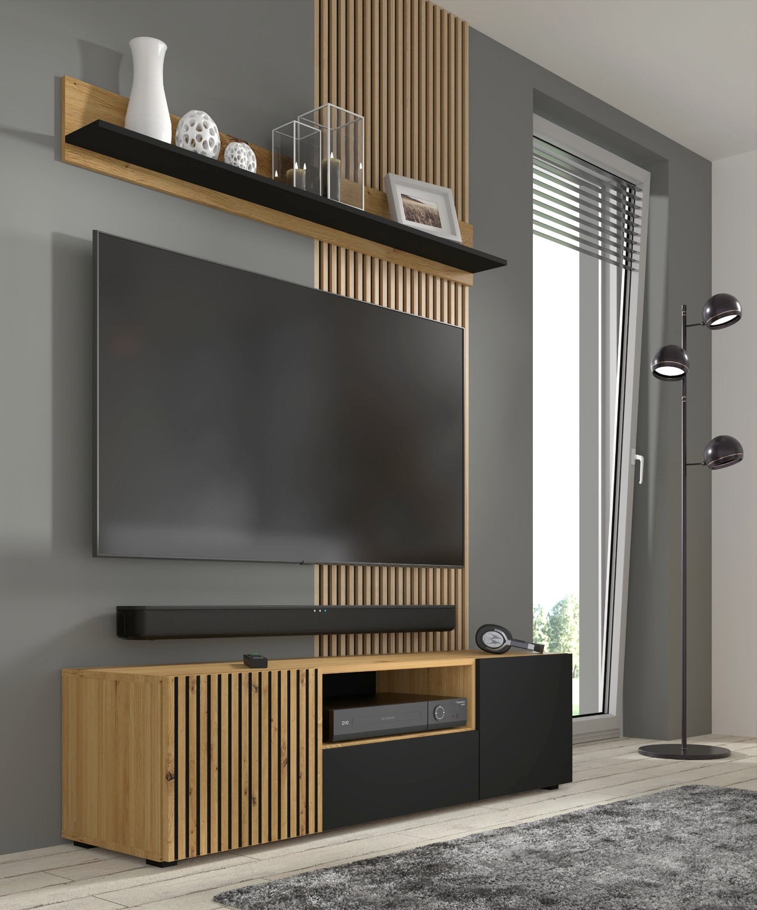TV BÄNK LIBRE - 150 CM - med ribbor / MATTSVART - LUXi