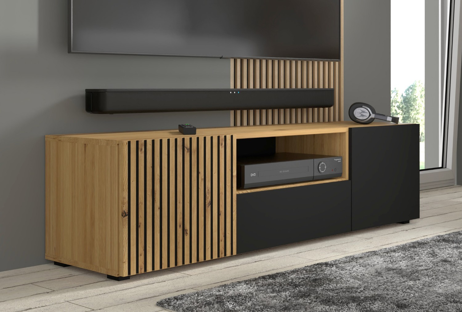 TV BÄNK LIBRE - 150 CM - med ribbor / MATTSVART - LUXi