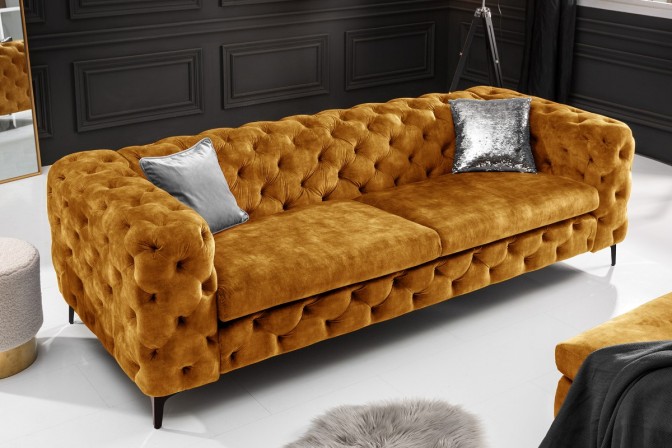 JENIVA - 235 cm soffa i senapsgul sammet